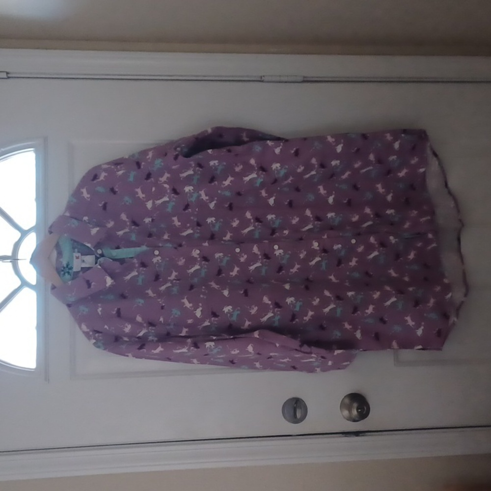 Pink K woman's night shirt long sleeves buttons 2 pockets size XL flannel purple